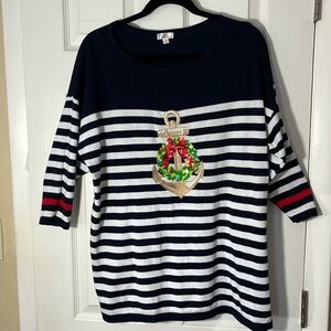 CabanaCay nautical blue white striped sweater  sequin embellished anchor xmas XL